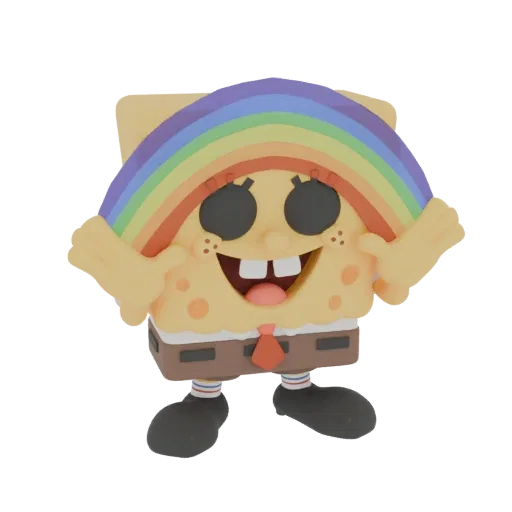 3D model of SpongeBob SquarePants smiling and holding a colorful rainbow arch above his head.