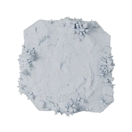 Snowy Ambush Base Stylized 3D model, stylized isometric environment render, showing sculpted terrain, snow banks.