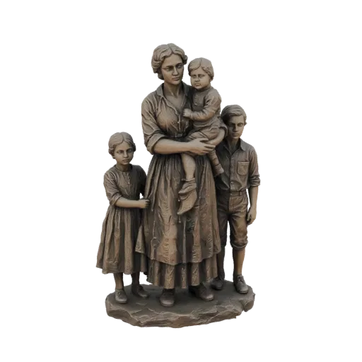 Modello 3D di una statua in bronzo raffigurante una madre che tiene un bambino, con un ragazzo e una ragazza in piedi accanto