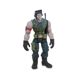 Modelo 3D de figura de acción de soldado musculoso con camuflaje, equipo táctico, auriculares y emblema de calavera en el cin