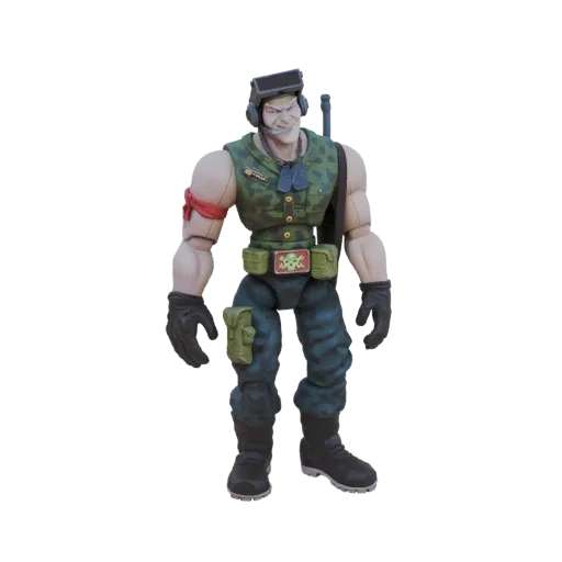 3D model of a muscular soldier action figure with camouflage, tactical gear, headset, and a skull emblem on the belt.
