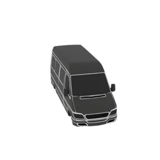 Una representación 3D de una elegante furgoneta Sprinter de lujo negra con ventanas tintadas, vista desde un ángulo frontal d