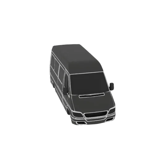 A 3D render of a sleek, black luxury Sprinter van with tinted windows, viewed from a slightly elevated front-right angle.