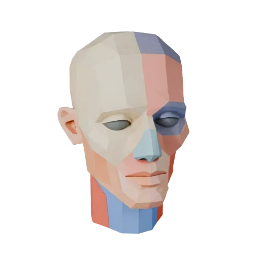 Kit de Anatomía de Cabeza Modular 3D, vista de tres cuartos en viewport de juego, mostrando colores educativos neutros, detal