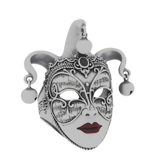 Modèle 3D d'une bague masque de bouffon vénitien argentée avec lèvres rouges et clochettes pendantes, avec des notes de musiq