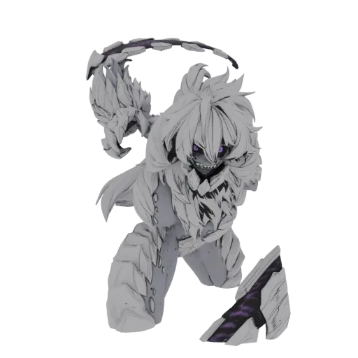 3D model of a feral beast with white, spiky armor and glowing purple eyes, in a dynamic, aggressive pose.