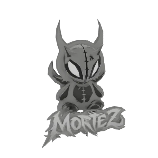 3D model of a chibi demon character named Moritz, sitting on a base with the name 'MORTEZ', rendered in grayscale.
