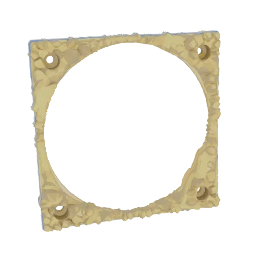A 3D render of a square fan shroud with a rough, rocky texture and four mounting holes, presented against a white background.