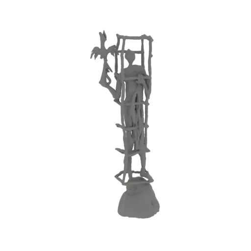3D model of the Monument to the Victims of Repression, showing a figure in a cage with a bird above, on a rocky base.
