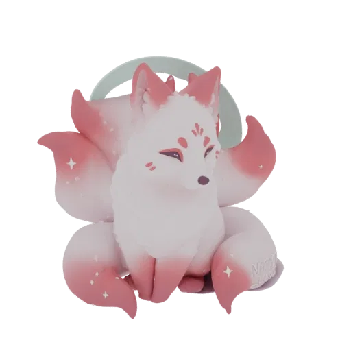 A 3D render of a cute, white nine-tailed fox figurine with pink accents and sparkling stars, featuring a serene expression an