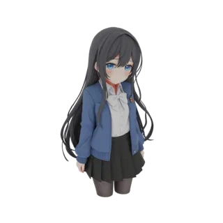 3D-Modell eines Anime-Schulmädchens mit langen schwarzen Haaren, blauen Augen, trägt eine blaue Jacke, weißes Hemd und schwar