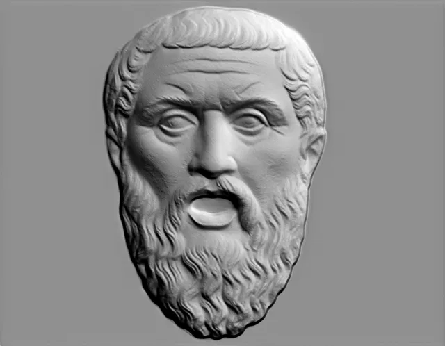 3D model of Plato's bas-relief with an open mouth, in the style of ancient sculpture, with detailed facial features and beard