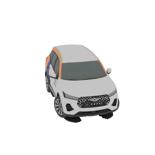 3D model of a white Chery Tiggo 7 Pro SUV with orange and blue accents on the roof, viewed from a slightly elevated front angle.