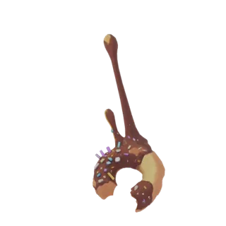 3D model of a chocolate-drizzled donut with colorful sprinkles and a bite taken out, against a white background.
