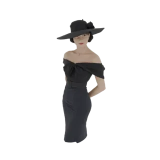 3D-Modell einer Frau, die ein elegantes schulterfreies schwarzes Kleid und einen breitkrempigen schwarzen Hut trägt, die Händ