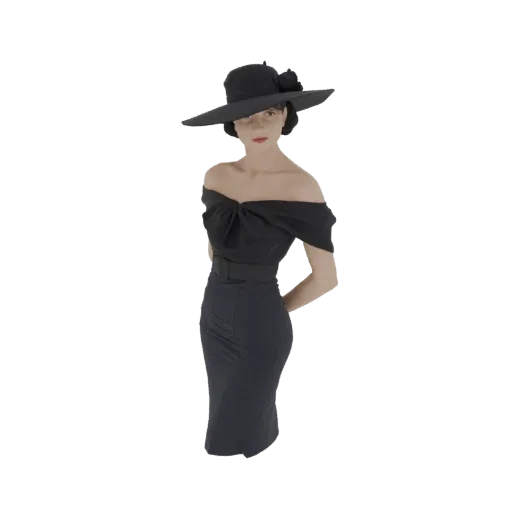 3D-Modell einer Frau, die ein elegantes schulterfreies schwarzes Kleid und einen breitkrempigen schwarzen Hut trägt, die Händ