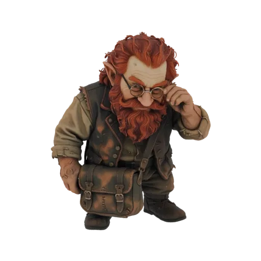 3D model of a dwarf scholar with a red beard, spectacles, and a leather satchel, posed thoughtfully.