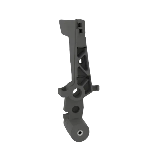 3D model of a dark gray industrial bracket with a complex structure and a circular mounting hole at the bottom.