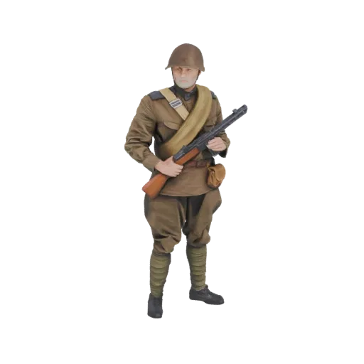 Modello 3D di un soldato sovietico in uniforme con fucile, rappresentato in stile realistico per stampa in scala 1:16.