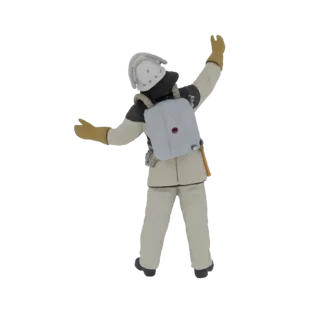 Modello 3D di un astronauta in tuta bianca con zaino blu chiaro, braccia alzate in posa dinamica.