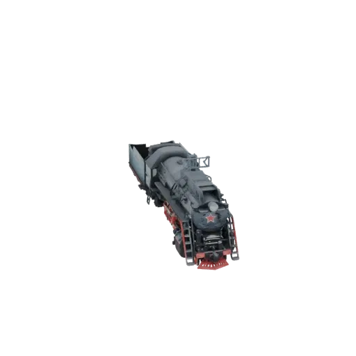 3D model of a dark, detailed Soviet-era steam locomotive with a red star emblem, viewed from a slight angle.
