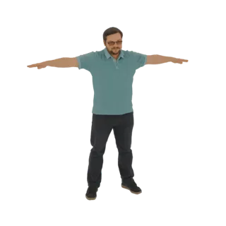3D-Modell eines Mannes in türkisfarbenem Poloshirt und dunkler Hose, Arme ausgestreckt in T-Pose, vor weißem Hintergrund.