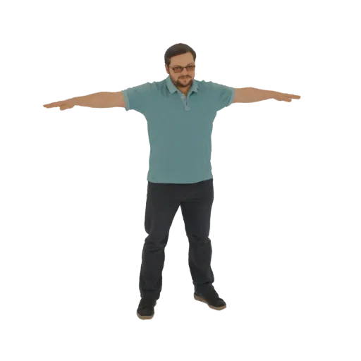 3D model of a man wearing a teal polo shirt and dark pants, standing with arms outstretched in a T-pose against a white backg