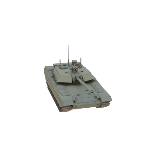 A 3D model of a modern olive green main battle tank, viewed from a slightly elevated front-right angle against a white backgr
