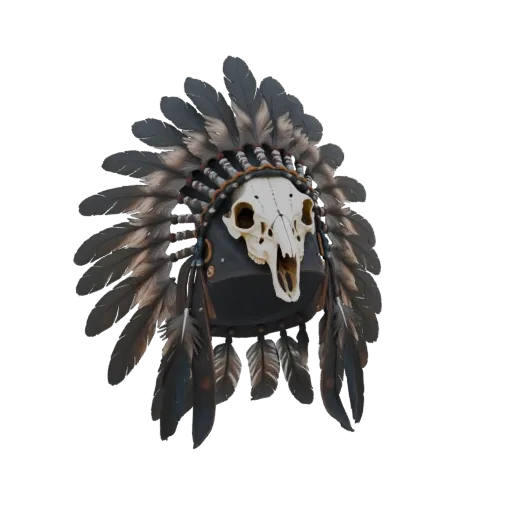 Un rendering 3D di un elmo tribale con un teschio animale prominente e piume dettagliate e stratificate su sfondo nero.