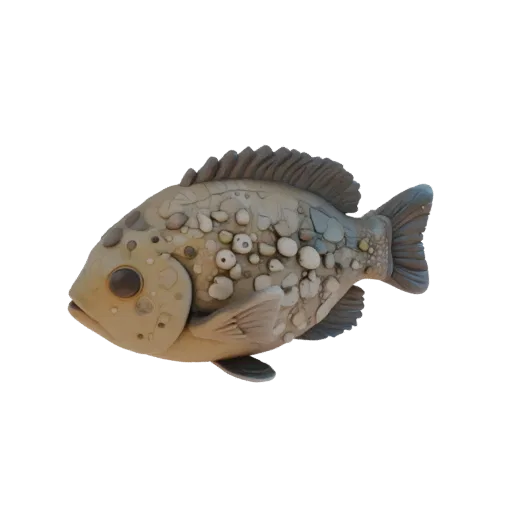 Modello 3D pesce pietra con texture di roccia, adagiato sul fondo dell'acquario