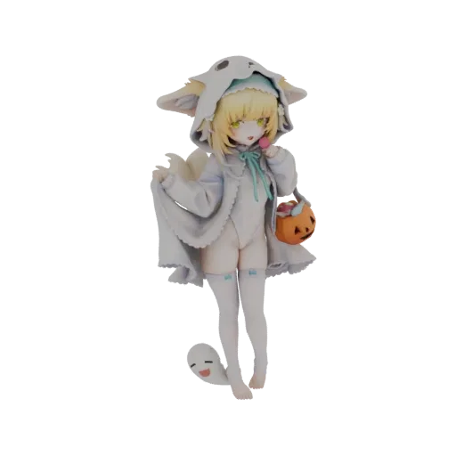 3D model of a cute anime-style ghost girl in a white Halloween costume, holding a pumpkin basket and a lollipop, with a small