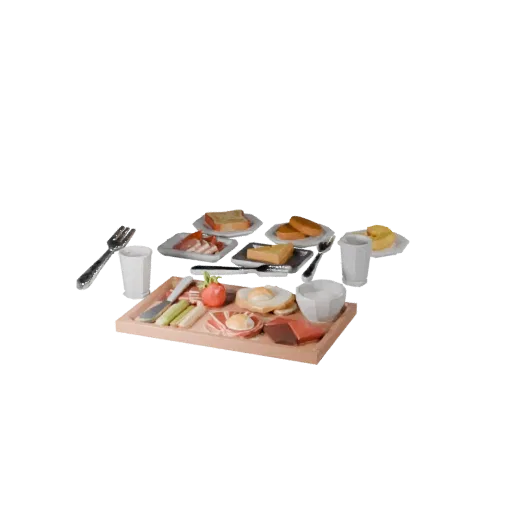 Breakfast Charcuterie Board Low Poly 3D model, game viewport three-quarter view, showing ceramic, form detail.
