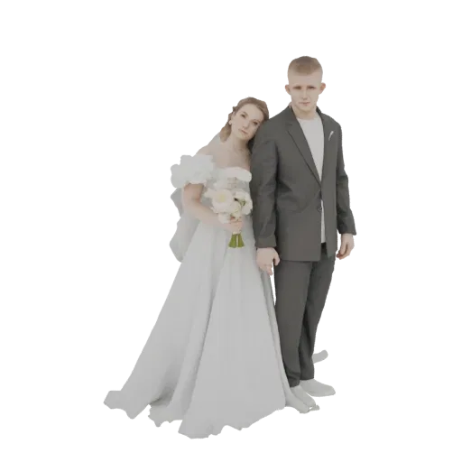 3D model of a bride in a white gown holding a bouquet, leaning on a groom in a dark suit.