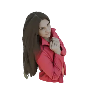 3D-Modell einer eleganten Frau mit langen braunen Haaren in einer roten Jacke, die sich anmutig positioniert.