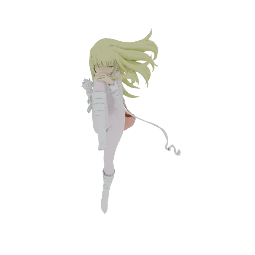 3D model of an anime girl with long, flowing blonde hair and a white and pink outfit, posed dynamically.