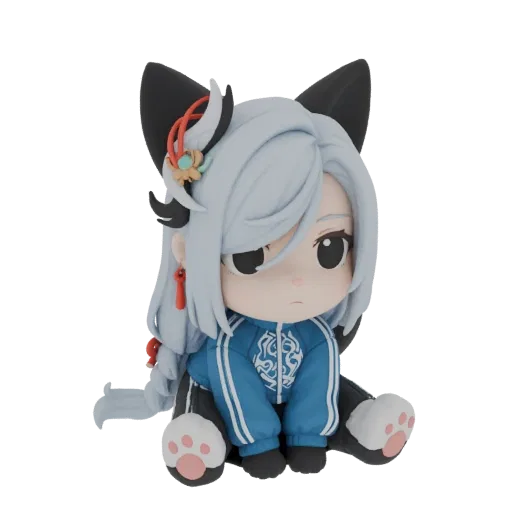 A 3D render of a cute chibi girl with black cat ears, wearing a blue tracksuit and sitting down, with large eyes and a pensiv