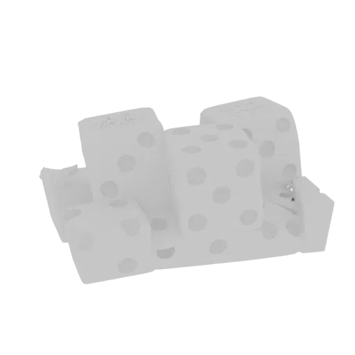 A 3D render of several white, cube-shaped cushions stacked together, each with grey dots resembling dice.
