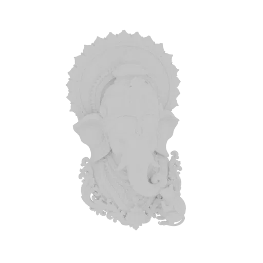 A white 3D model of a Ganesha wall decor, featuring the elephant-headed deity with intricate carvings and a small mouse at it