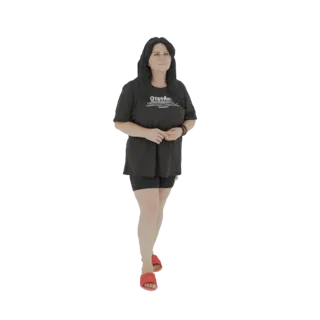 3D model of a woman standing, wearing a black t-shirt, black shorts, and red slides, looking slightly upwards.