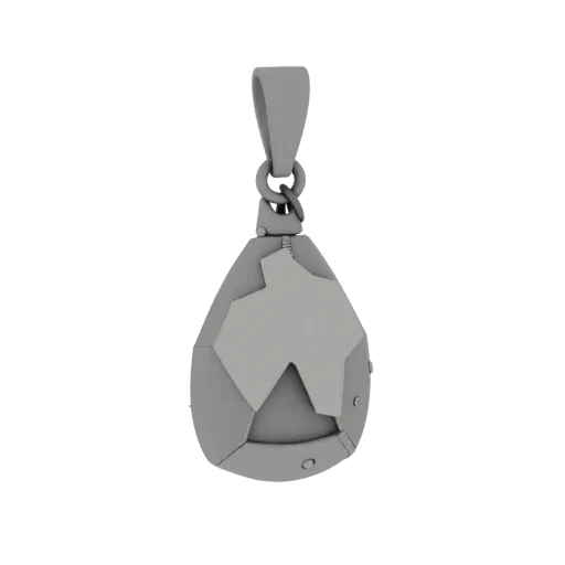 Modello 3D Ciondolo Simbolico, rendering studio tre quarti, con topologia pulita e ombreggiatura PBR sul ciondolo.