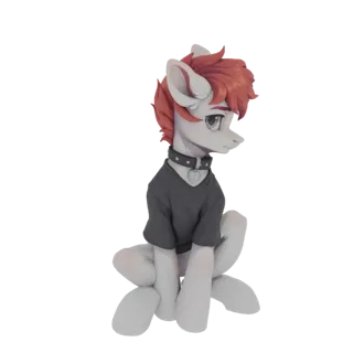 Modelo 3D de un pony triste con cabello naranja, con collar negro y camiseta gris, sentado.