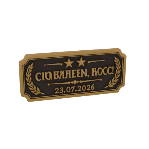 Modelo 3D de placa dourada com louros, duas estrelas e data 23.07.2026.
