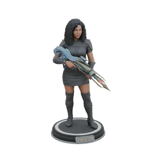 3D model of a female sci-fi warrior named Pantera, holding a futuristic weapon, standing on a display base.