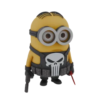 3D model of a Minion character dressed as The Punisher, wearing a tactical vest with a skull emblem and holding a gun and dag