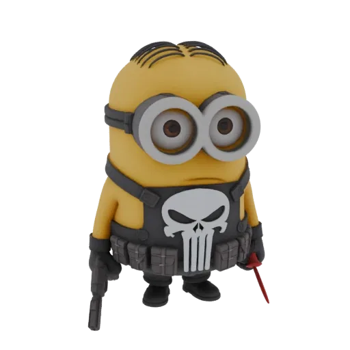 3D model of a Minion character dressed as The Punisher, wearing a tactical vest with a skull emblem and holding a gun and dag
