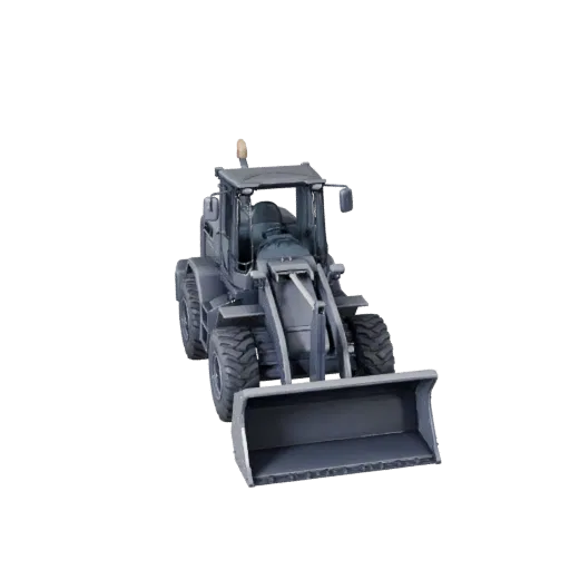 Roadwork Wheel Loader 3D model, side profile view, technical viewport render, showing painted steel, form detail.
