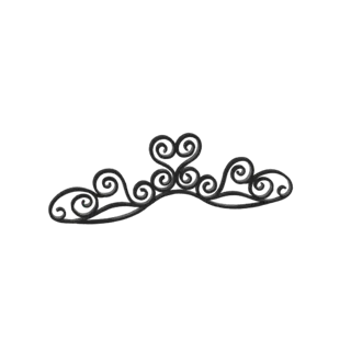 Modello 3D di un diadema nero ricamato con intricati motivi a spirale e un elemento centrale a forma di cuore.