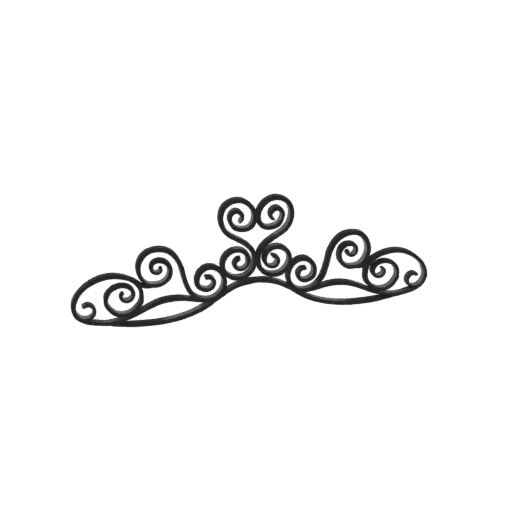 Modelo 3D de una tiara negra ornamentada con intrincados patrones de volutas y un centro en forma de corazón.