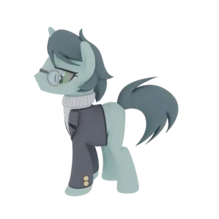 A 3D render of a mint green pony wearing a dark grey blazer and a white turtleneck, with round glasses.