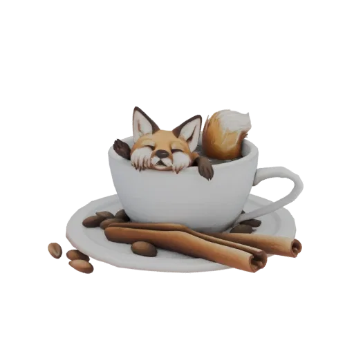 3D model of a cute fox sleeping in a white coffee cup, surrounded by coffee beans and cinnamon sticks on a saucer.